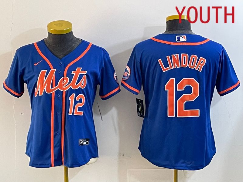 Youth New York Mets #12 Lindor Blue Game 2024 Nike MLB Jersey style 1218->women mlb jersey->Women Jersey